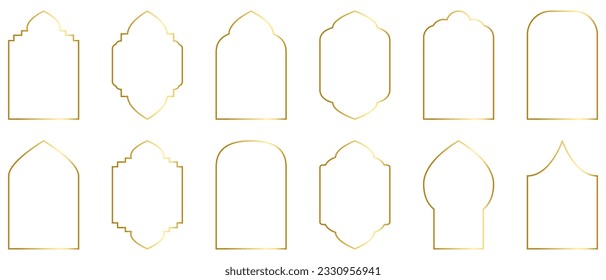 Set of golden arabic windows. Oriental style islamic windows and arches. Vector illustration 
