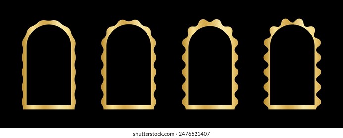 Set of golden arch frames with wavy edges. Gold archway shapes with scallop borders. Vignettes or mirrors, portals or doors, empty boxes isolated on dark background. Vector realistic illustration.