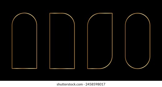 Set of golden arch, semiarch, double arch and leaf frames. Elegant gold templates for wedding invitation or greeting cards, event or party banners isolated on dark background. Vector illustration.