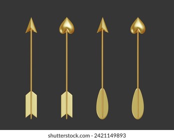 Set of Golden Arrows pointing right up, the tip in form of heart and cone.  Valentines day card. Realistic 3d Icon isolated on grey background. Vector illustration