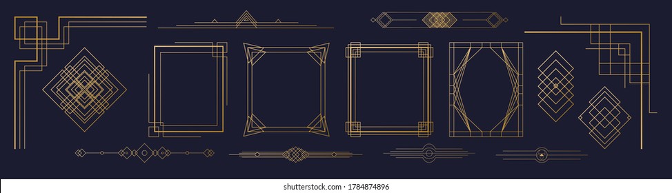 Set of golden art deco elements: borders, frames, headers, elements