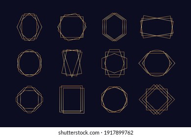 Set of golden art deco geometric frames. Vintage polyhedron line 1920s aesthetics for wedding invitations, cards. Vector illustration