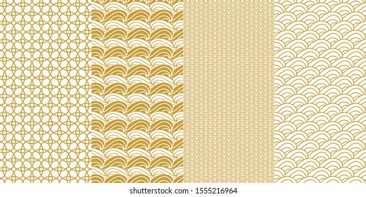 Set of golden Asian patterns. Collection of seamless geometric designs for cards, gift wrappings and textile. Traditional oriental art motifs with circles, waves, fans and clouds.