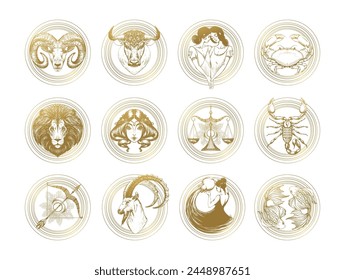 Set of golden astrological zodiac signs. Hand drawing Aries, Taurus, Gemini, Cancer, Leo, Virgo, Libra, Scorpio, Sagittarius, Capricorn, Aquarius, Pisces. Vector isolated engraving.