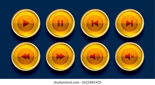 set of golden audio player button symbol design vector