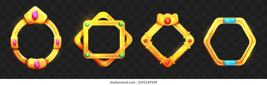 Set of golden avatar frame badge for game in circle and hexagon shape