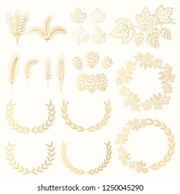 Set of golden award laurel wreath with barley, malt, rye, wheat ears, hop cone and leaves for label design. Winner beer frames. Vector isolated illustration.