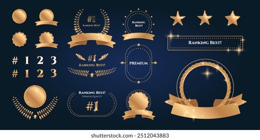 Conjunto de Elementos de diseño de lujo de premio dorado con cintas, estrellas, marcos y números dorados, ramas de laurel y decoraciones. Ilustración vectorial.