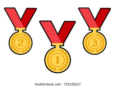 Set of golden award medals with red ribbons. Vector illustration