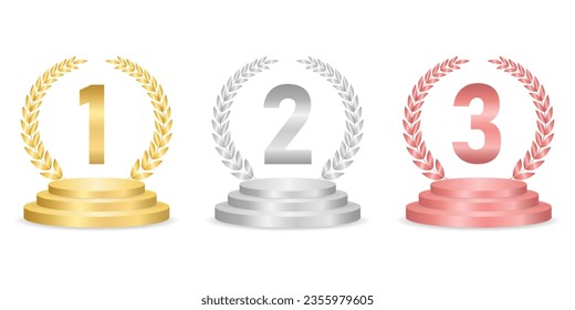 Set of Golden Award on Podium Stage. First, Second and Third Places. Gold, Silver and Bronze. Vector Illustration Isolated on White Background. 