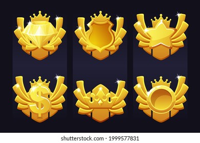 Set golden awards with icons crown, dollar, diamond, shield for ui game. Vector illustration collection icon templates for winner.