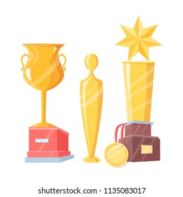 Set of golden awards isolated on white backdrop shiny cups and medal for winners of sport competitions, glossy trophies collection vector illustration