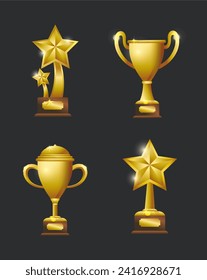 Set of golden awards trophies and cups