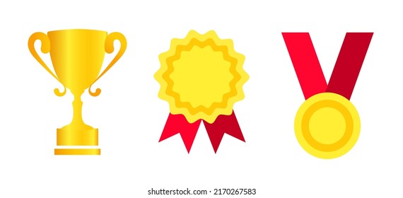 Set of golden awards, trophies and medals. Golden cup, medal and order with red ribbon in cartoon style. Design elements for games, applications. Elements of competition awards