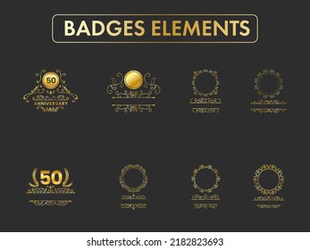 Set Of Golden Badges Or Emblem Motif Logo Elements On Black Background.