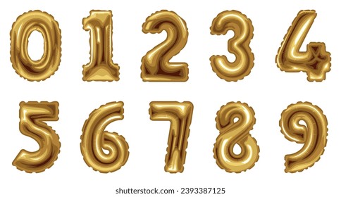 Set of golden balloons in shape of figures on white background