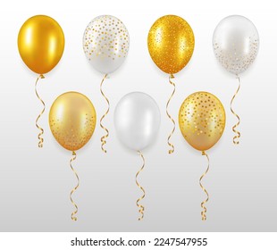 Satz goldener Ballons. Transparenter Ballon mit goldenem Konfetti. Ballon mit goldenem Band.