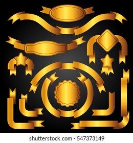 Set of golden banners, ribbons and labels.