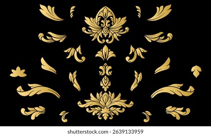 Set of golden Baroque arabesque decorative design element. Gold Luxury Flourish filigree scroll swirl ornament