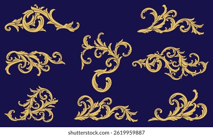 Set golden baroque border frame ornament. Luxury art deco floral element, Flourish filigree ornamental vector illustration.