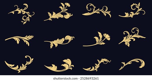 Conjunto de adornos decorativos barrocos dorados, Elementos de filigrana de oro de lujo, Ilustración vectorial