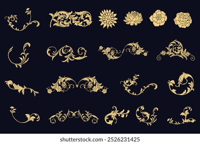 Set of Golden Baroque engraved ornamental, Damask, gold rose, lotus, Victorian floral borders, corner, decorative frame elements. Art Deco Vector illustration for wedding invitation and greeting card