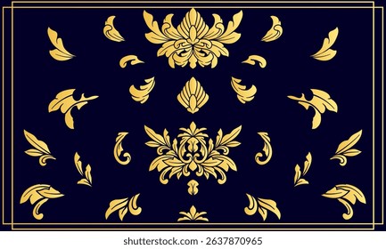 Set of Golden baroque swirl damask ornamental. Elegance flourish filigree floral decoration element