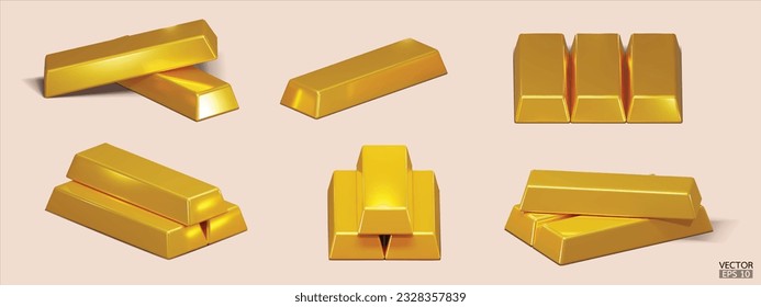 Set of Golden Bars. Collection of realistic golden bricks solid. Gold bars icon. Financial concept. 3D Vector illustration.