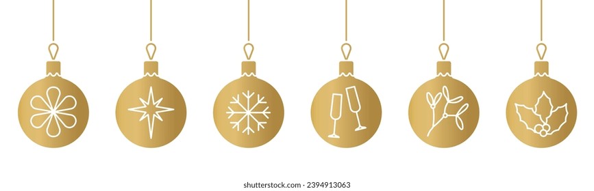 set of golden baubles with christmas elements - vector illustration