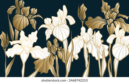 Conjunto de Iris Hermoso de Oro Línea de la Flor Ilustración. Bosquejo de iris florecientes. Vector Iris flor botánica floral. Flor silvestre de hoja de primavera aislada. Elemento de ilustración iris aislado.