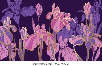 Set of Golden Beautiful Iris Flower Line Art Illustration. Sketch of blossoming irises. Vector Iris floral botanical flower. Wild spring leaf wildflower isolated. Isolated irises illustration element.