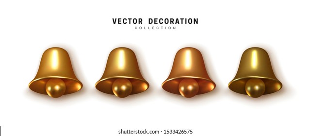 Set Golden Bells. Realistic Christmas Tree Ornaments, Xmas Decoration bells.