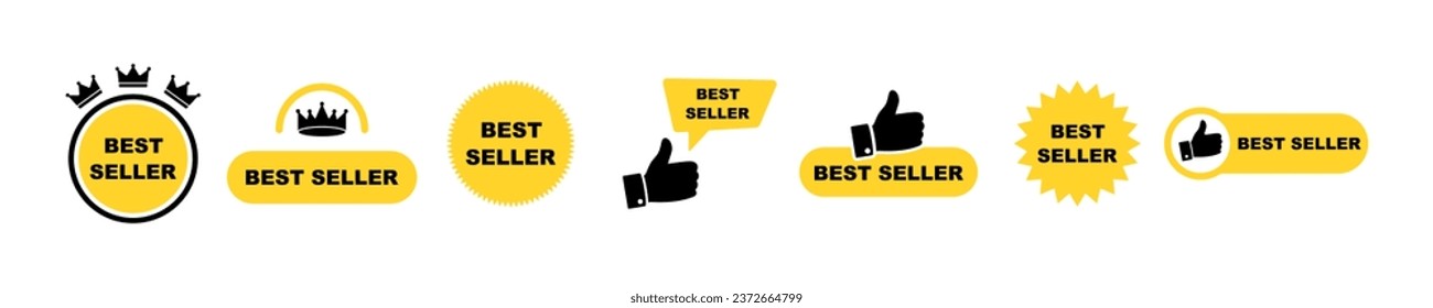 Set of golden best seller vector icons set. Best seller badge with crown and thumb up.