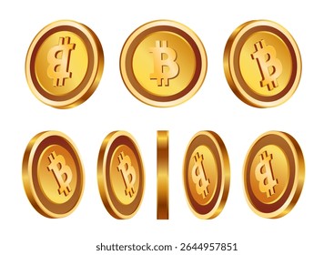 Set of golden bitcoin coins shown from multiple angles and perspectives on white background for cryptocurrency design