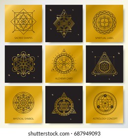Set of golden and black cards with mystical line symbols . Vector