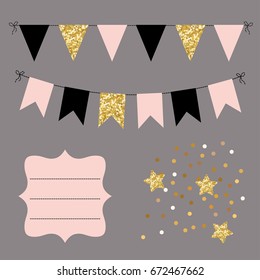 Set of golden, black and pink flat buntings garlands, flags, stars and curved frame. Celebration decor for greeting cards, design.