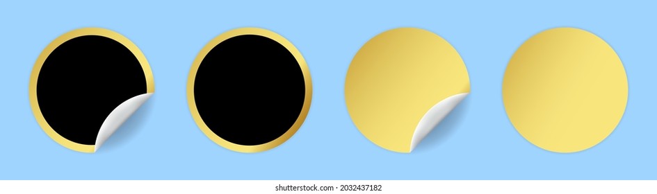 Set of golden and black realistic round sticker with curved corner mockup