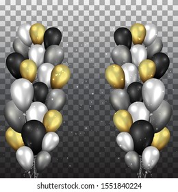Set of golden black and silver balloons  for birthday, for event design anniversary, celebration, wedding event. Realistic elegant helium balloons on transparent background with tinsel 