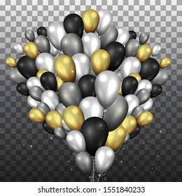 Set of golden black and silver balloons  for birthday, for event design anniversary, celebration, wedding event. Realistic elegant helium balloons on transparent background with tinsel 