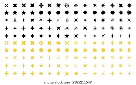 Conjunto de iconos de estrellas de chispas doradas y negras. Star Png. Icono de estrella dorada de Navidad. Fuego brillante. Juego de iconos de oro claro y negro. Flash,brillante icono de brillo,brillo,estrella parpadeante.