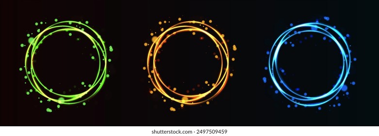 Set of golden blue and green circle light effects. Bokeh sparkles with round elliptical line.Vector illustration.