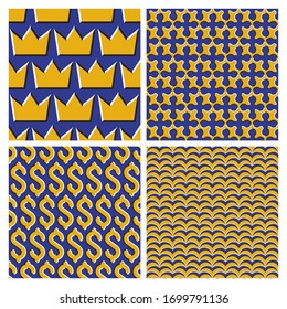 Set of golden blue optical illusion seamless patterns of moving crowns, crosses, dollar signs and seagull symbols.