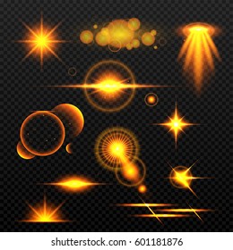 Set of golden bokeh lights trails, Shining stars, Sparkling sunburst with flashes and lens flare effects.