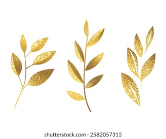 Set of golden botanical elements. Hand drawn gold colored foliage, branch with glitter. 