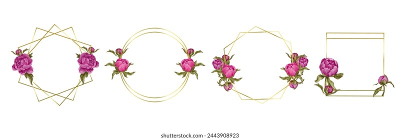 Set of golden botanical frames with flowers and buds of pink peony.Vector graphics.