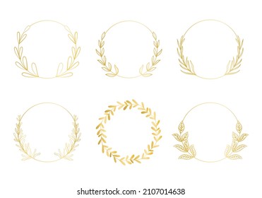 Set of golden botanical frames vector illustration. Collection of deciduous round gold wreaths. Bezels with leaves template for cards and invitations