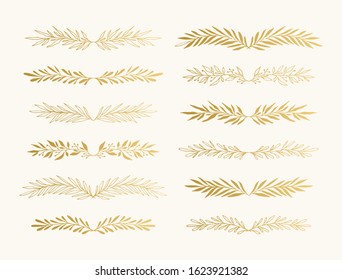 Set of golden botanical laurels. Wedding invite design. Gold foil vector illustrations.