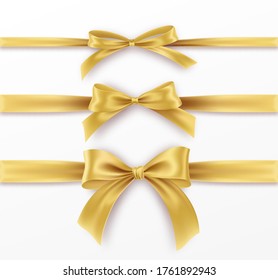 Set Golden Bow and Ribbon on white background. Realistic gold bow for decoration design Holiday frame, border. Christmas gift. Vector illustration EPS10