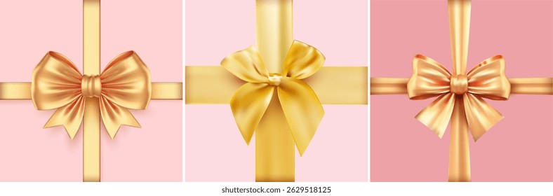Set of golden bow vertical and horizontal gold ribbons. Vector decorative vector yellow bow. Template holiday decoration. Collection of decorative golden bow, ribbon isolated on white background.