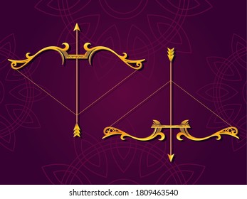 conjunto de arcos y flechas dorados sobre el diseño de ilustraciones vectoriales de fondo marrón